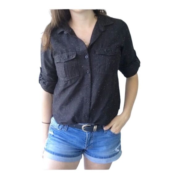 Cloth & Stone/Anthropologie Black Speckled Cropped Button Down L - Picture 1 of 9